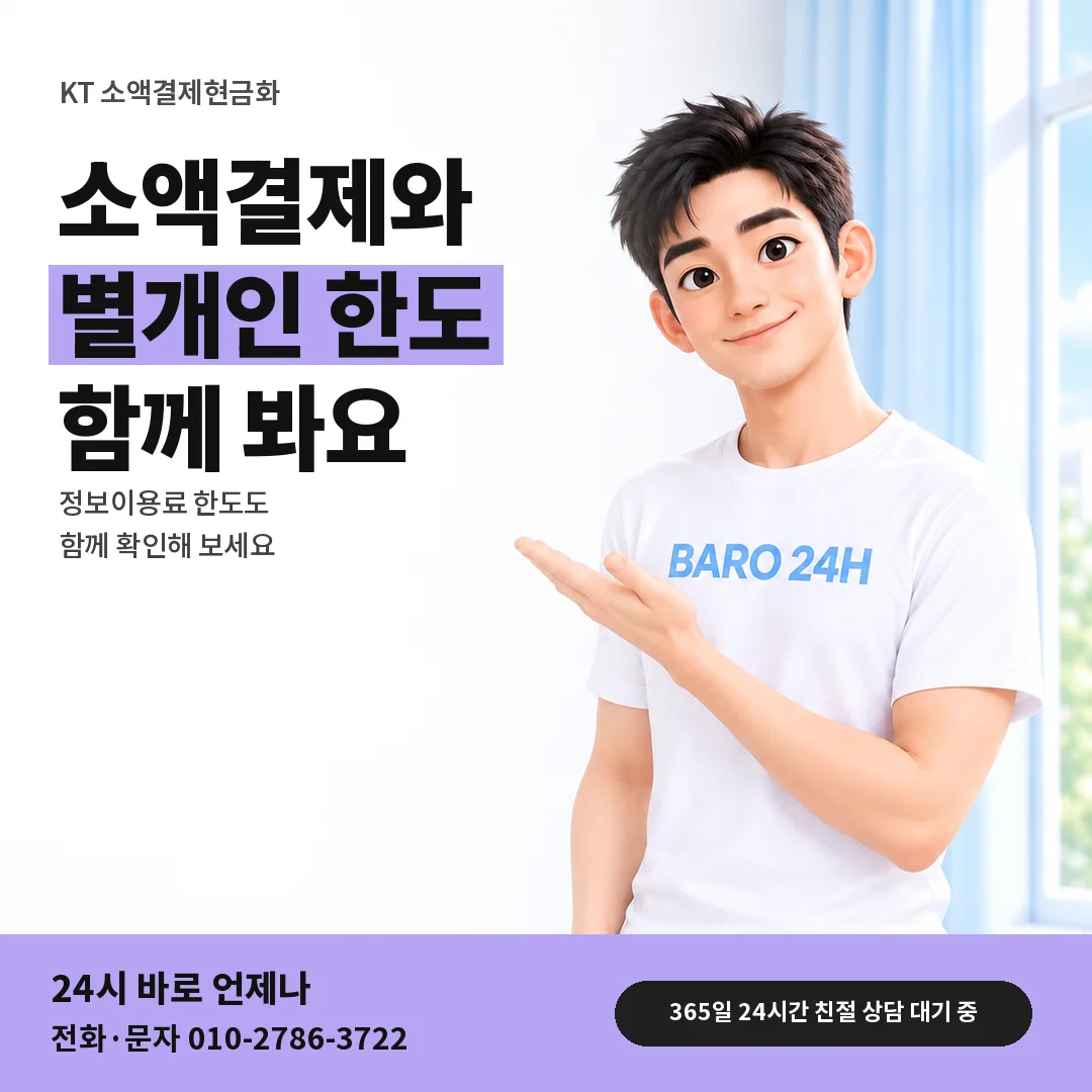 BARO 24H 티셔츠를 입은 3D 인물 옆에 「KT 정보이용료 한도도 보기」 제목을 얹은 안내 카드