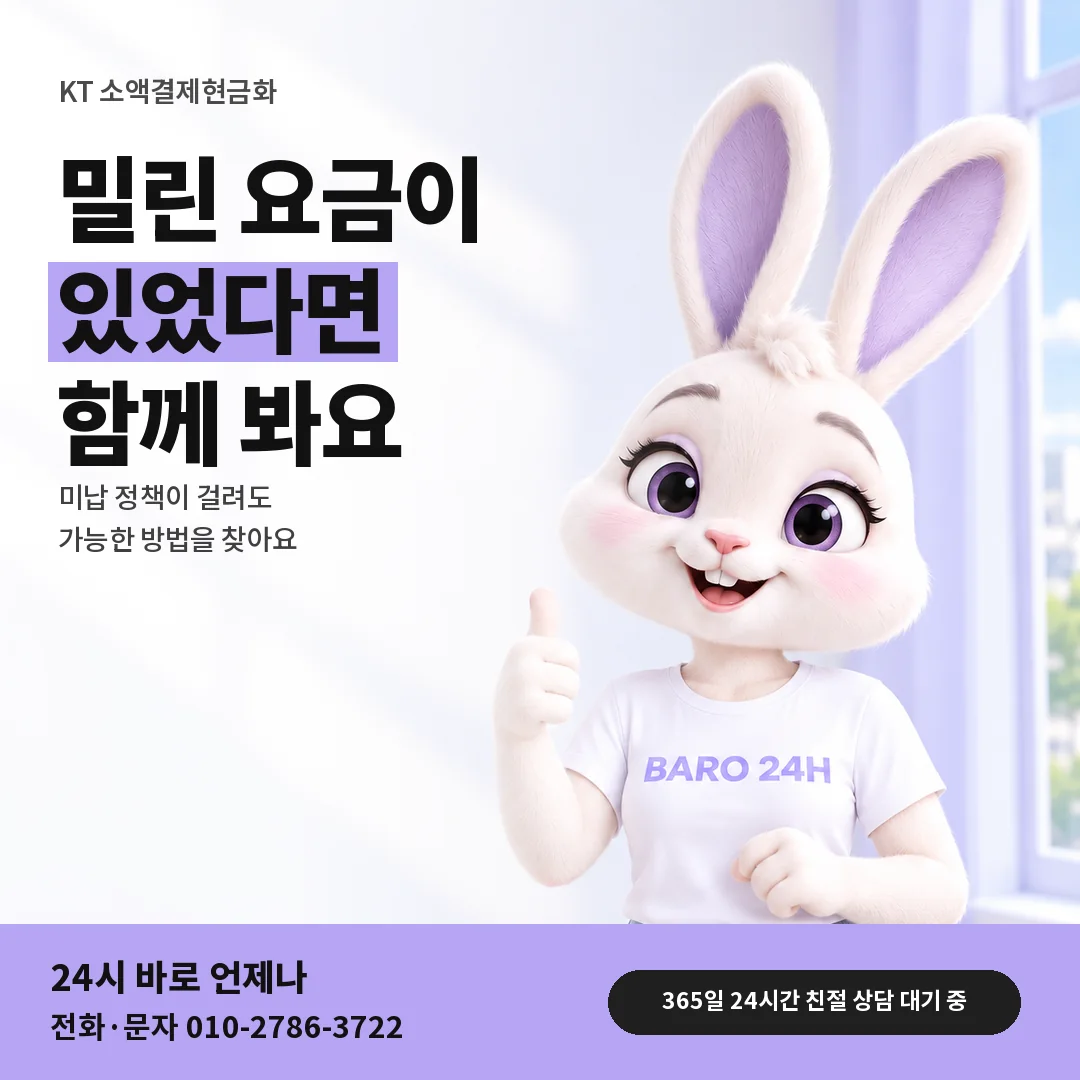 BARO 24H 티셔츠를 입은 3D 토끼 캐릭터 옆에 「KT 미납 정책과 한도」 제목을 얹은 안내 카드