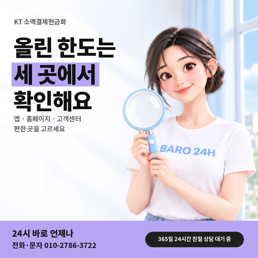 돋보기를 든 BARO 24H 티셔츠를 입은 3D 인물 옆에 「KT 앱 · 홈페이지 한도 확인」 제목을 얹은 안내 카드